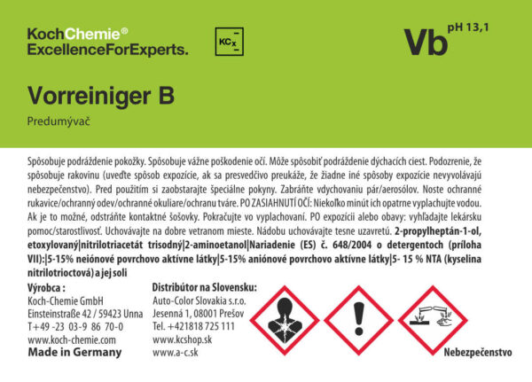 Koch Chemie produktová etiketa - Vorreiniger B -Predumývač