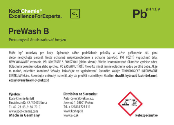 Koch Chemie produktová etiketa - Prewash B - Predumývač; odstraňovač hmyzu