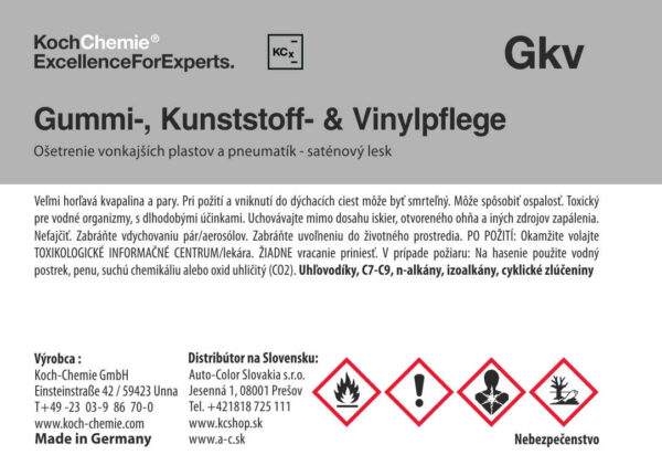 Koch Chemie produktová etiketa - Kunststoff Vinylpflege - Ošetrenie vonkajších plastov a pneumatík matné