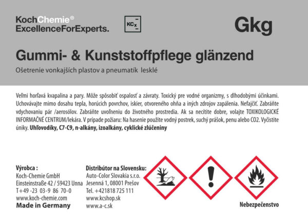 Koch Chemie produktová etiketa - Gummi&Kunststoffpflege glänzend - Ošetrenie vonkajších plastov a pneumatík